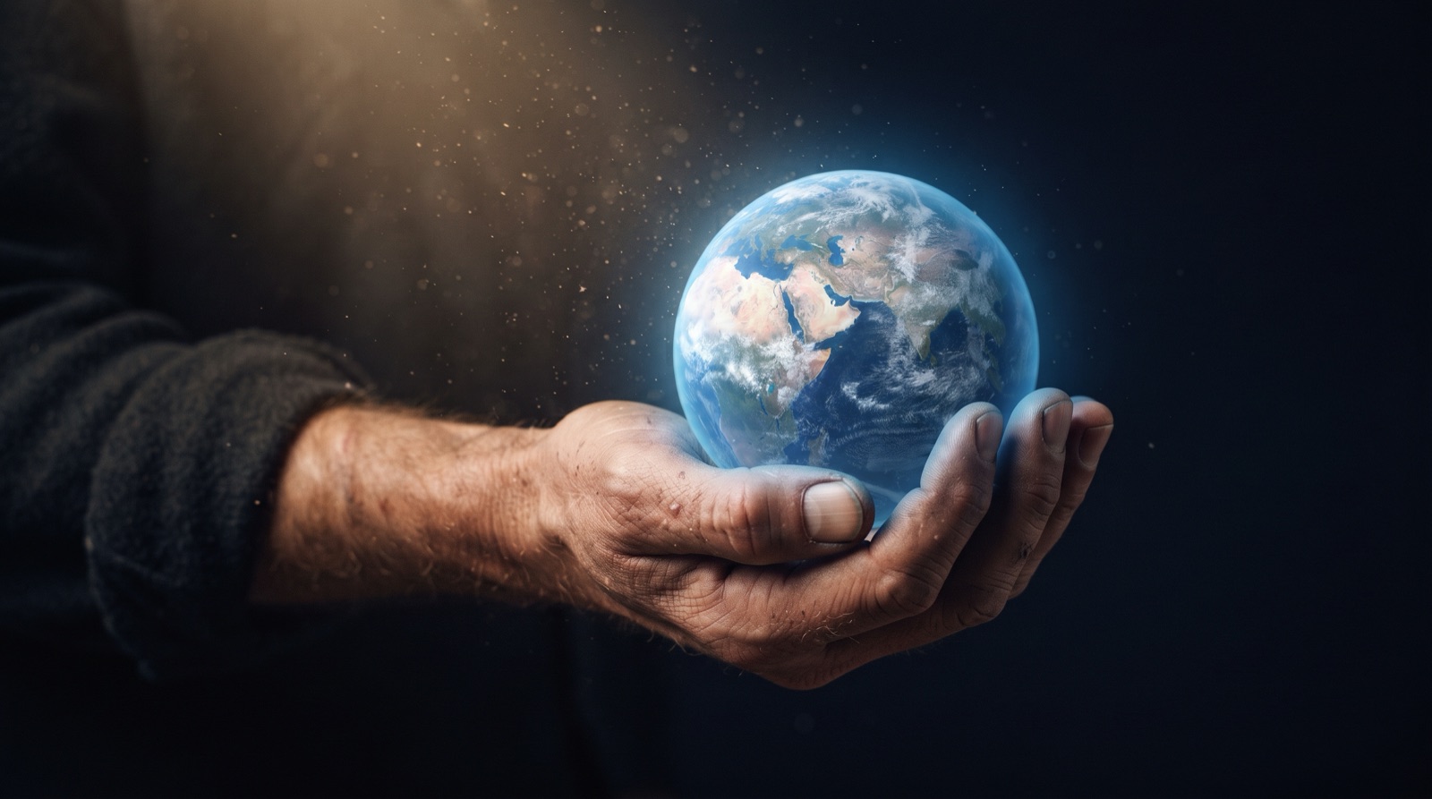 A small translucent glowing Earth floating above an open palm in a deep navy void.